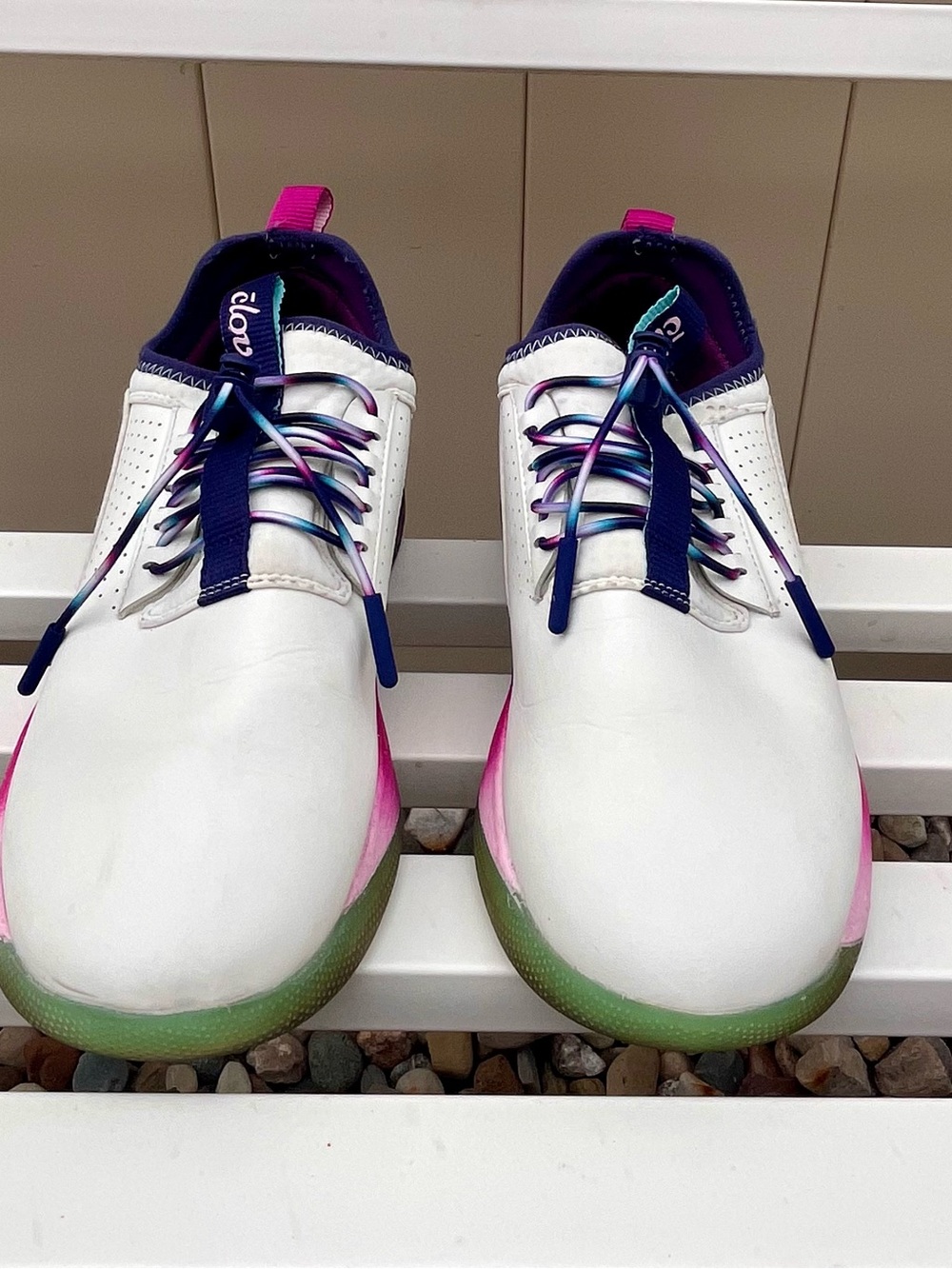 Clove  Women’s White Athletic Sneakers with Pink Gradient and Green Soles